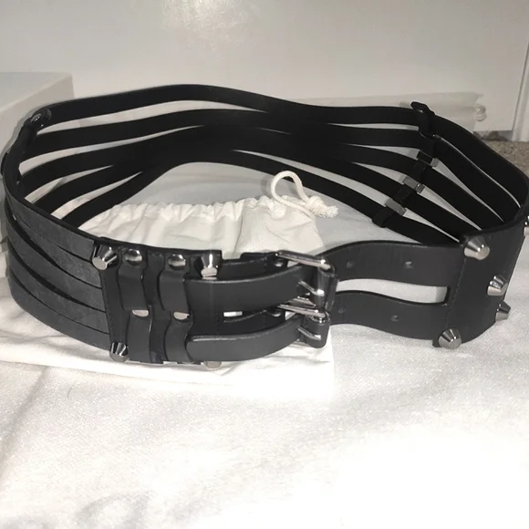 Balenciaga Black Stripes Nubuck And Leather Studded Belt display picture 1